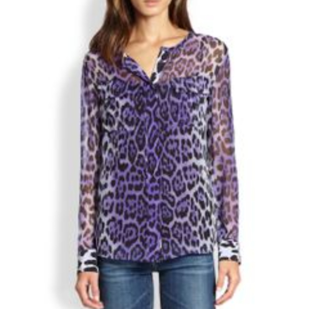 Equipment Femme Sheer Purple Lynn Silk Leopard Print Flowy Button down / M